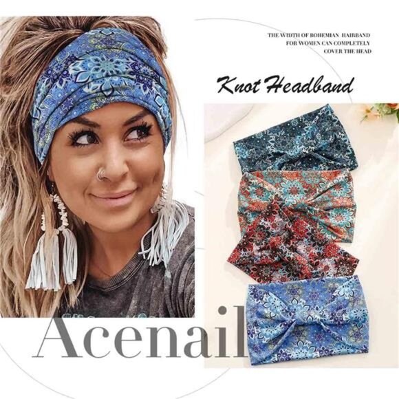 Women's Wide Headbands Women Boho Turban Knotted Headband Floral Elastic Non - Picture 6 of 7